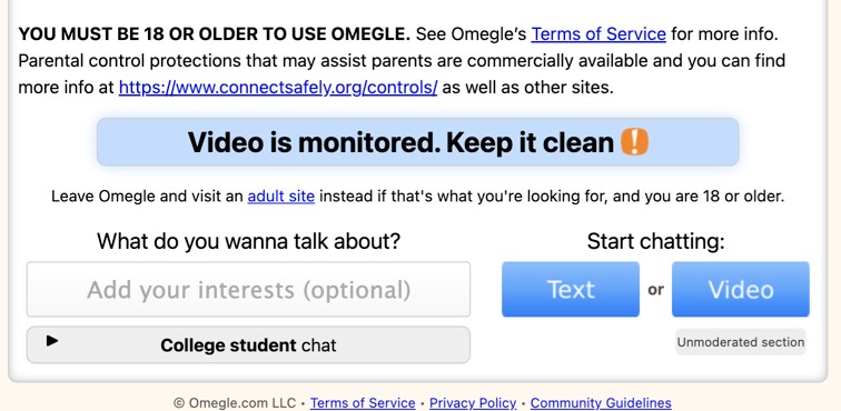 Omegle's homepage in 2023: the 18+ warning, a “Video is monitored” banner, an interests box and the Text and Video buttons