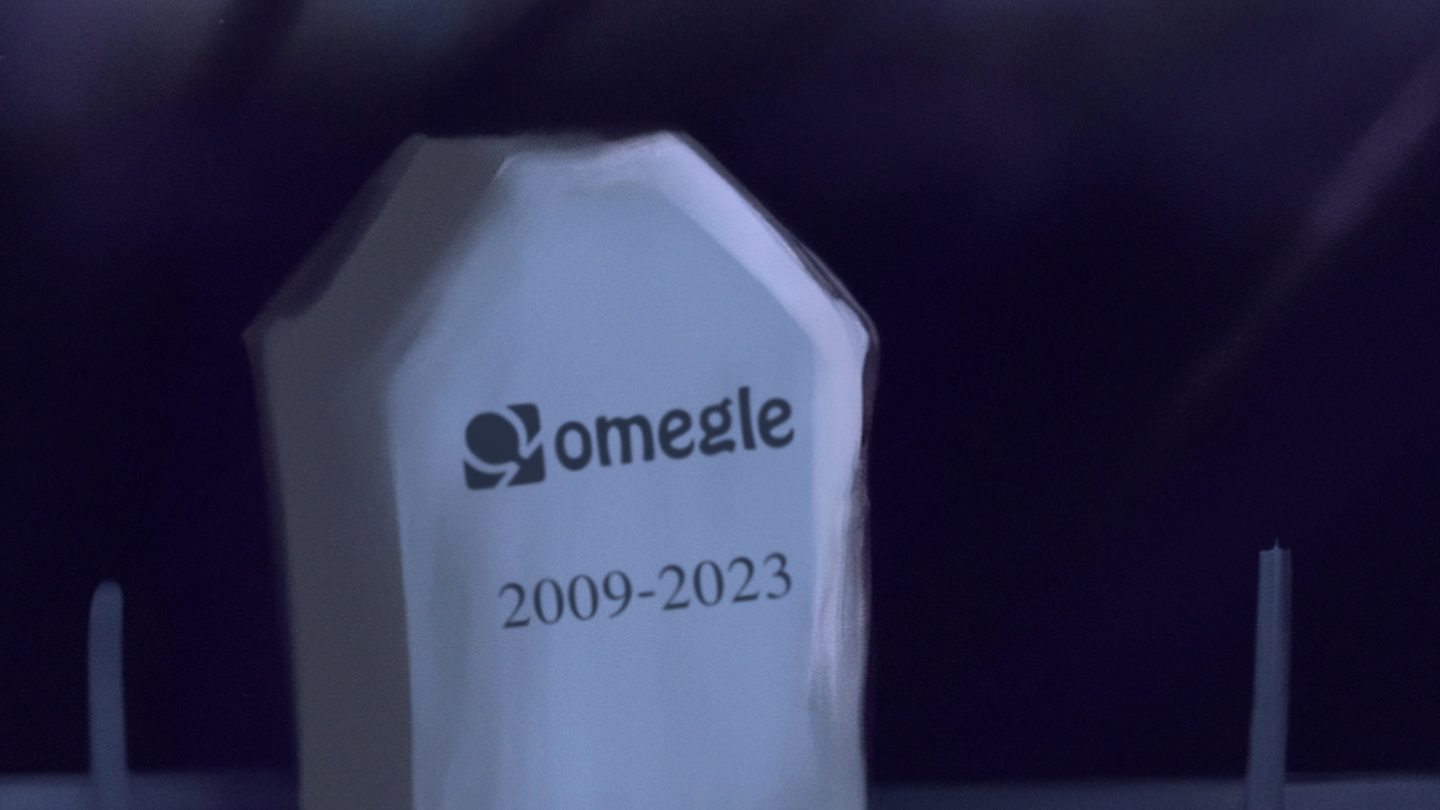 A headstone reading “omegle 2009-2023”, from the notice Omegle posted when it shut down
